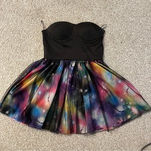 Agaci strapless dress. Black/colorful galaxy print button. Size M.